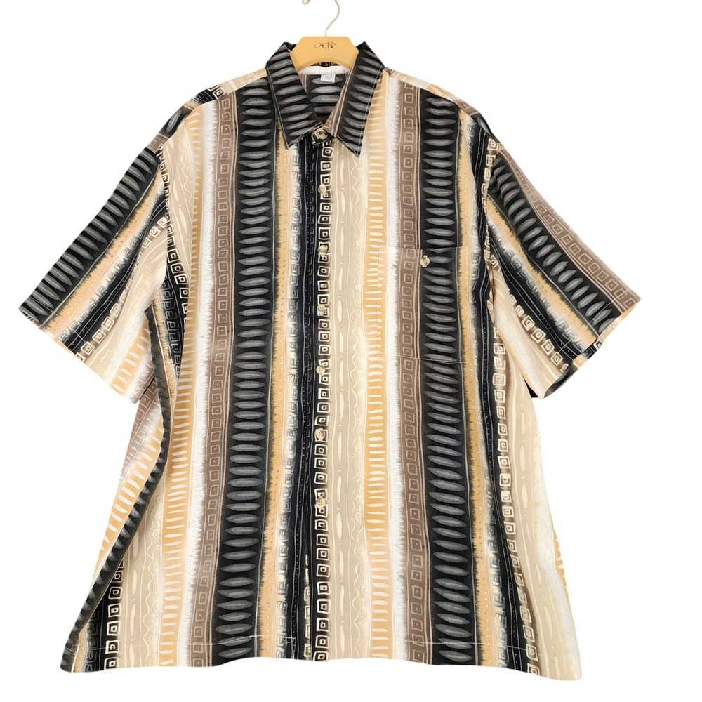 Alan Stuart Mens 1X Short Sleeve Button‎ Down Shirt Geometric Tribal Stripe Tan